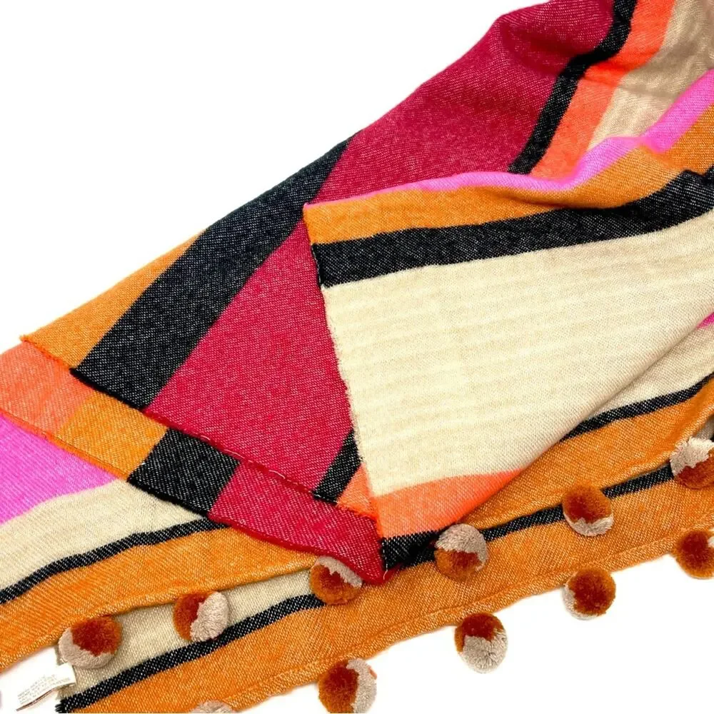 Nordstrom Women's Soft Plush Blanket Scarf Pompoms Pink Orange Black Tan Stripe
